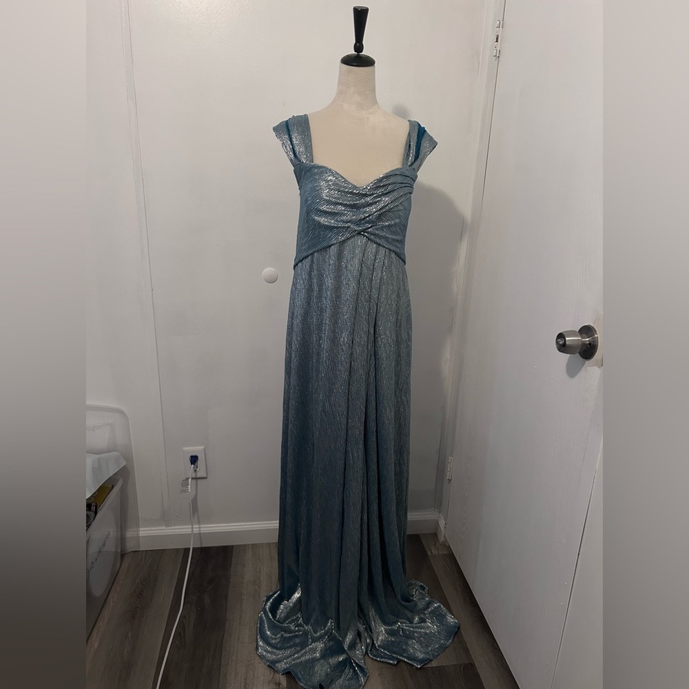 Rene Ruiz Off the Shoulder Metallic Blue Dress